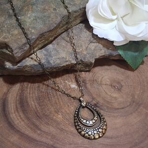 Antique Brass Toned Double Teardrop Textured Pendant Necklace